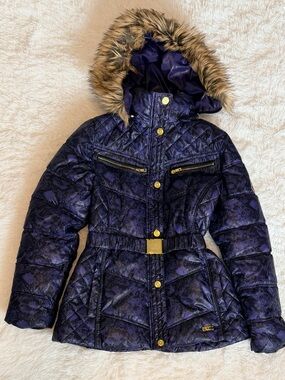 Rocawear Y2K Purple Snakeskin Quilted Puffer Jacket Hooded Faux Fur Belted
